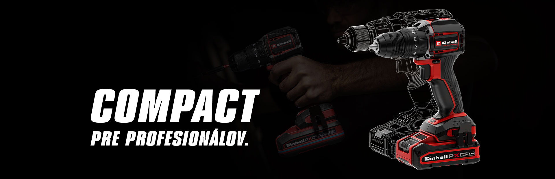 Akumulátorová vŕtačka na čiernom pozadí, vedľa textu „COMPACT PRE PROFESIONÁLOV“.