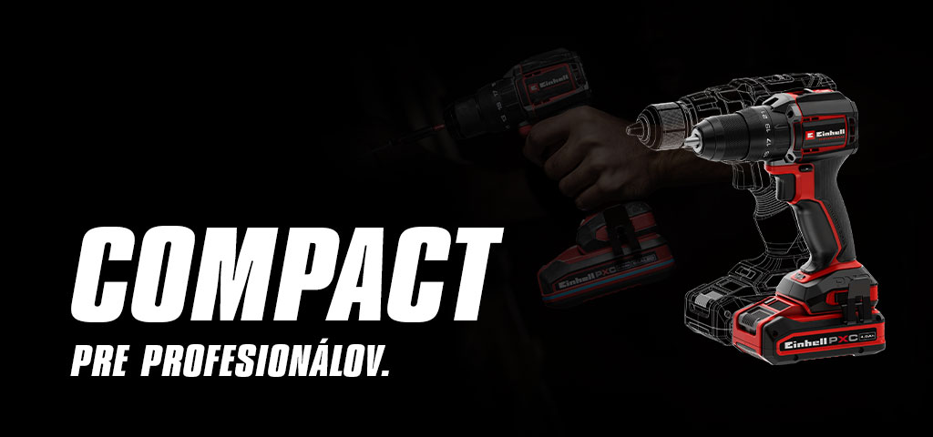 Akumulátorová vŕtačka na čiernom pozadí, vedľa nápisu „COMPACT PRE PROFESIONÁLOV“.