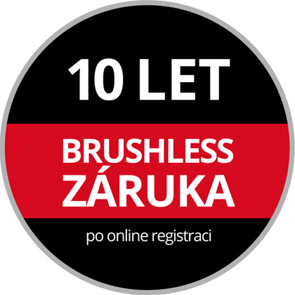 Kulaté logo záruky s textem „10letá bezuhlíková záruka, po online registraci“ na černém a červeném pozadí.