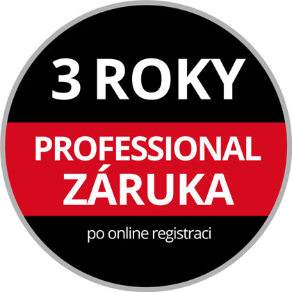 Kulaté logo záruky s textem „3letá profesionální záruka po registraci online“ na černo-červeném pozadí.