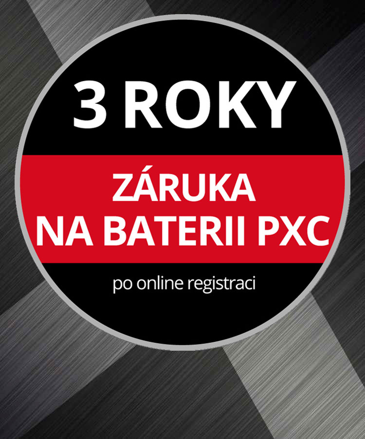 Kulaté logo záruky s textem “3-letá záruka na baterii, po registraci online„ na šedém pozadí.