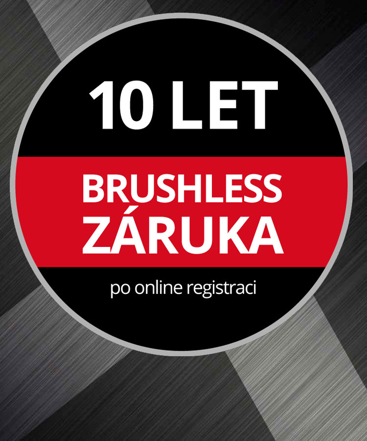 Kulaté logo záruky s textem „10letá bezuhlíková záruka, po online registraci“ na černém a červeném pozadí.