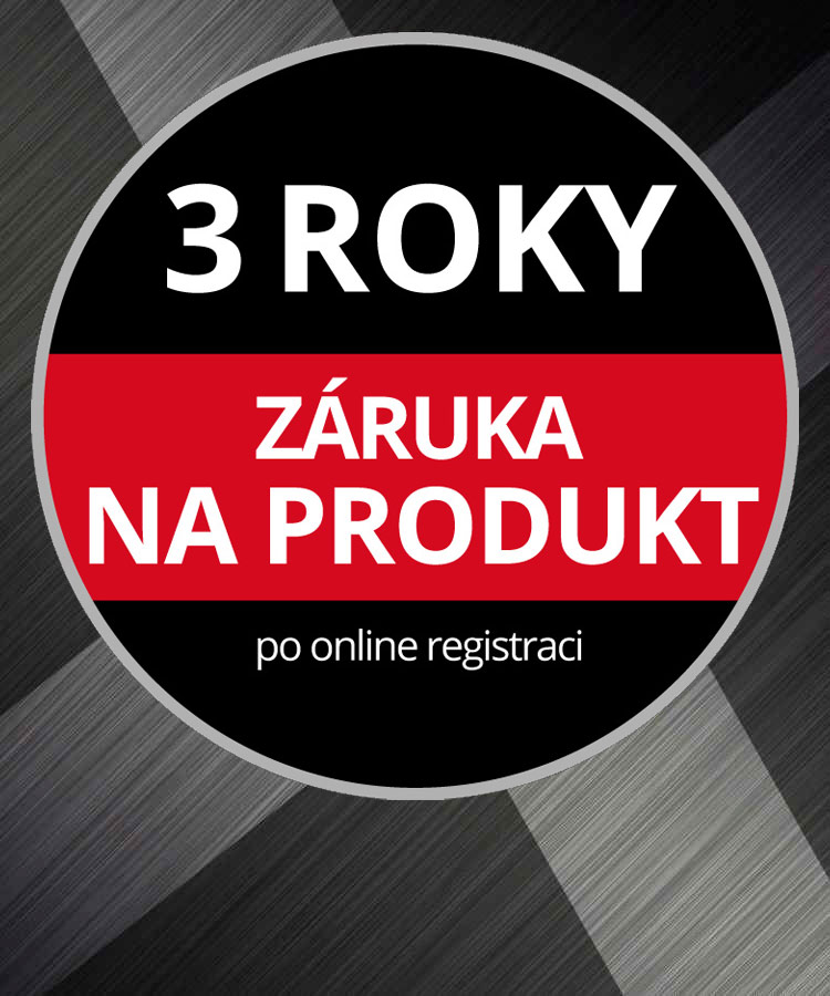 Kulaté logo záruky s textem “3letá záruka na výrobek, po registraci online„ na šedém pozadí