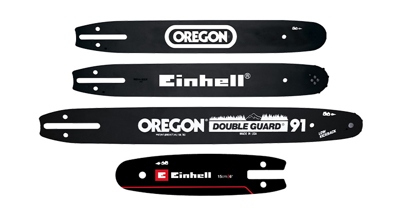 four different chainsaw guide bars arranged vertically